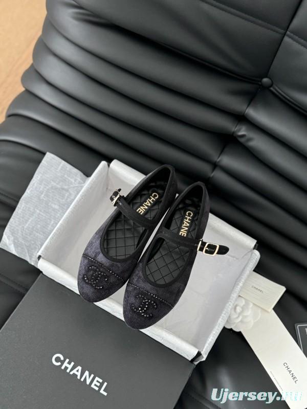 2025 Women Chanel Black Velvet Mary Jane Embroidered LY00280