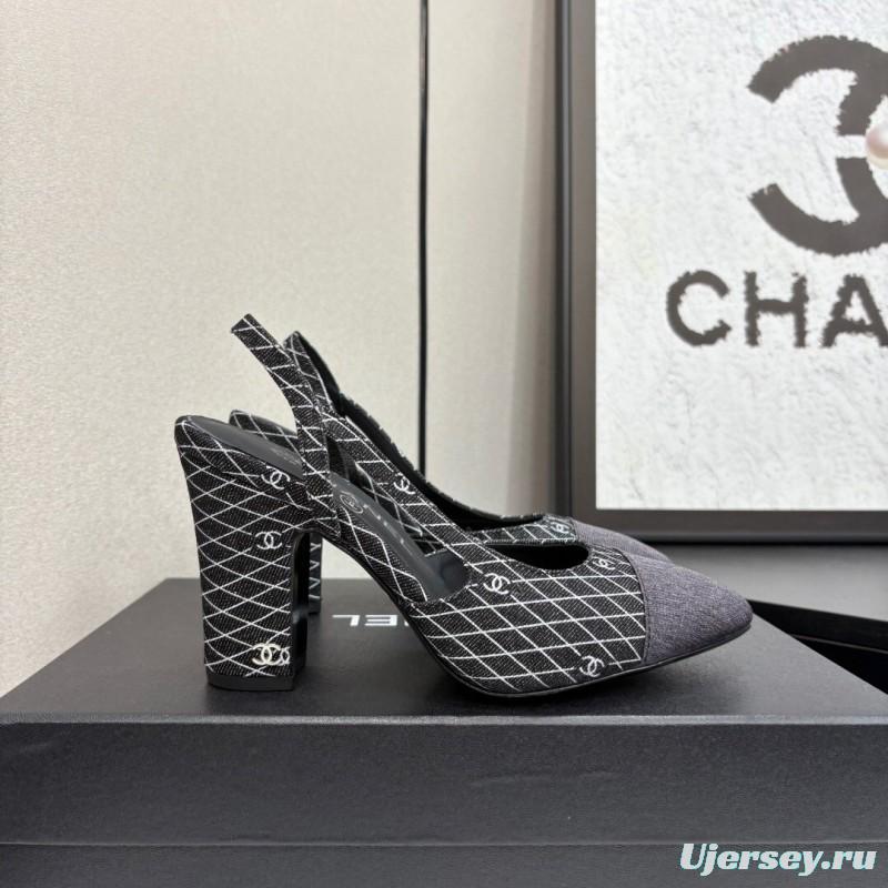 2025 Women Chanel Black Grey Fabric Slingback Heels LY00270