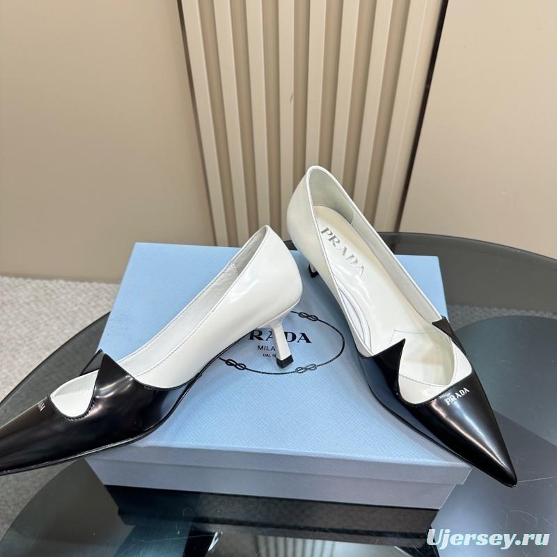 2025 Women Prada Black White Leather Heels KFY00310