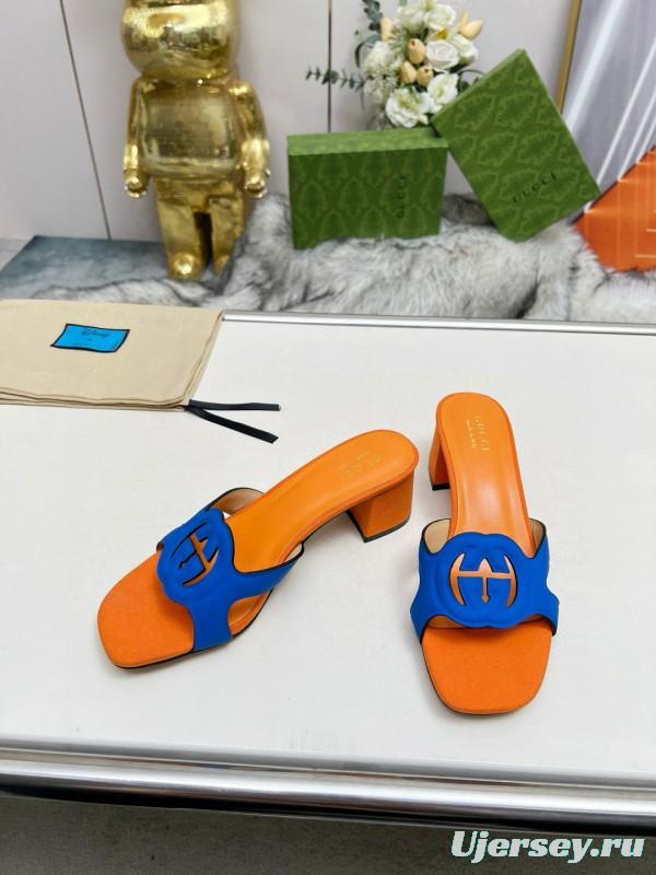 2025 Gucci Orange Blue Leather Slippers