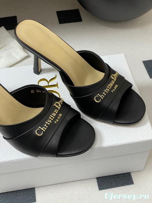 2025 Women Dior Black Leather High Heel Mules