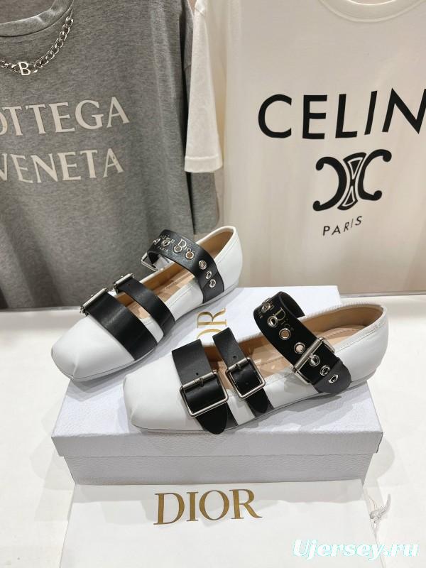 2025 Women Dior White Black Leather Mary Jane Buckle KFY00300