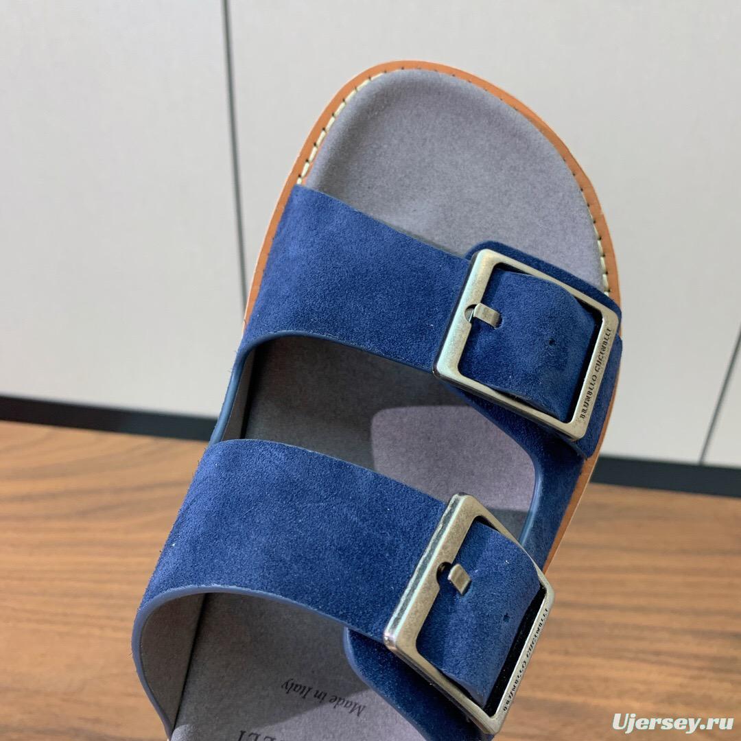 2025 Unisex Brunello Cucinelli Blue Suede Leather Slippers KFY00250