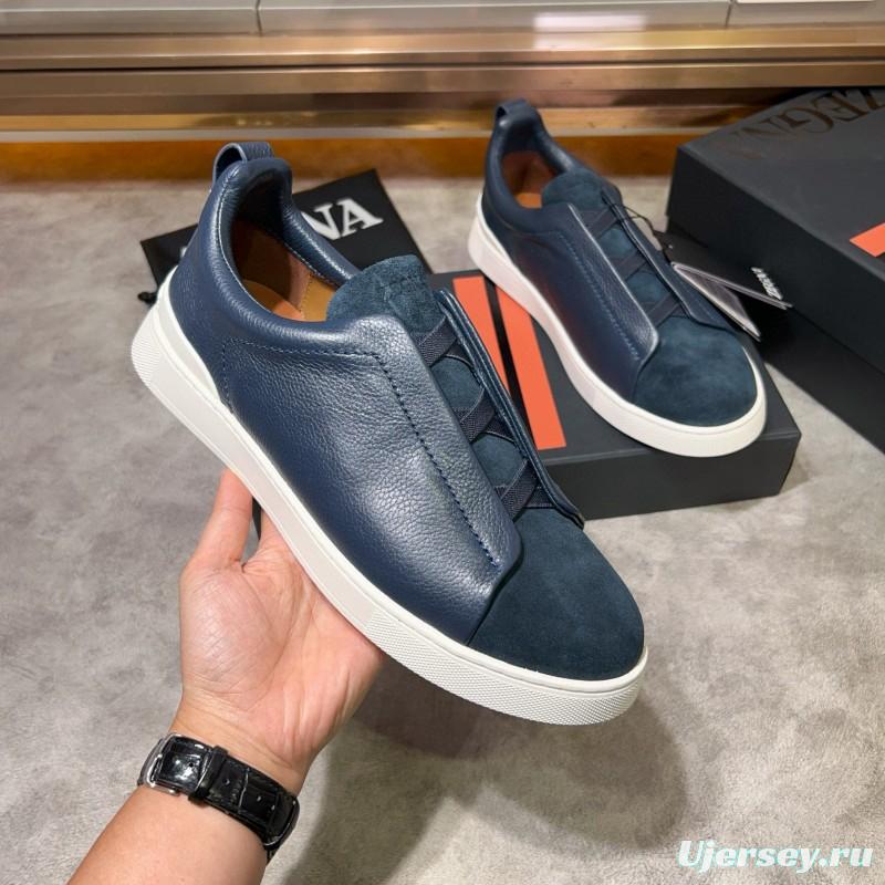 2024 Men Ermenegildo Zegna Blue Leather Suede Sneakers