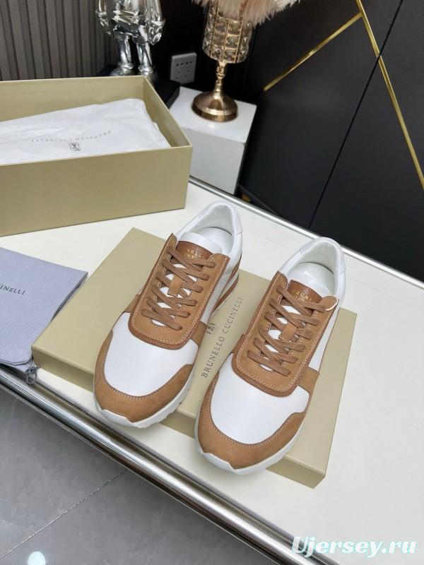 2024 Unisex Brunello Cucinelli White Brown Suede Leather Sneakers MJ00360