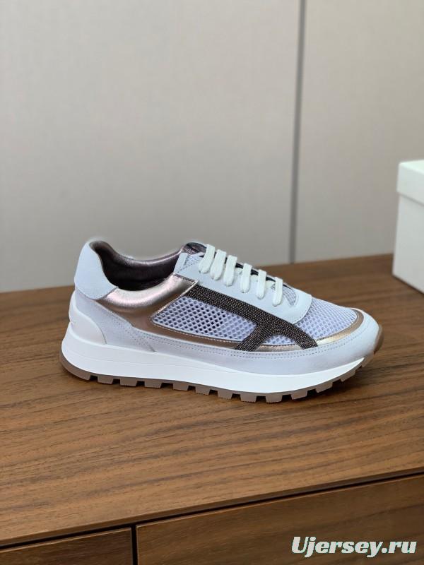 2025 Women Brunello Cucinelli White Silver Mesh Leather Sneakers