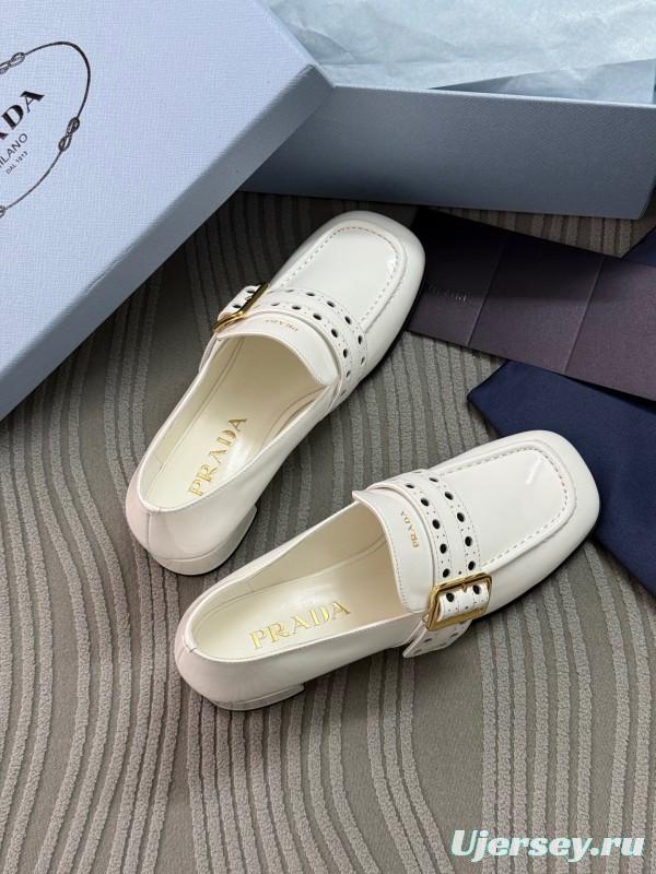 2025 Women Prada White Leather Loafers KFY00320