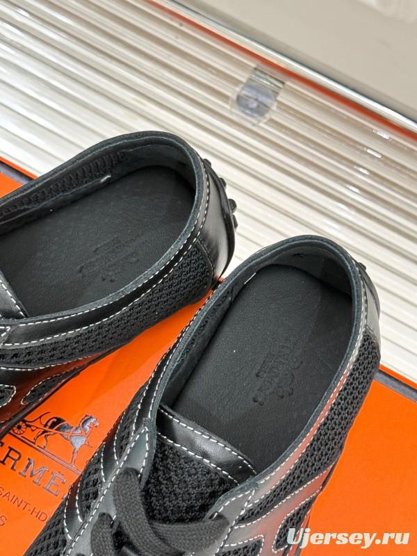 2025 Women Hermès Black Mesh Leather Sneakers