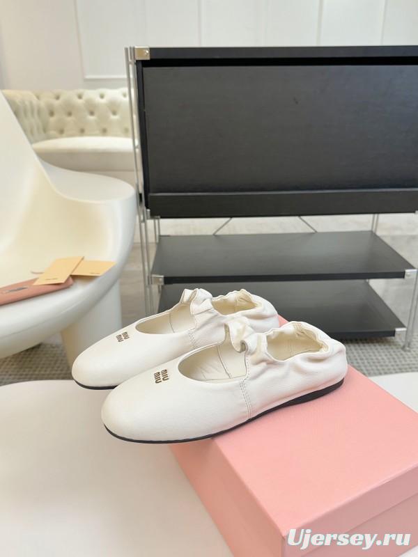 2025 Women Miu Miu White Leather Ballet Flats