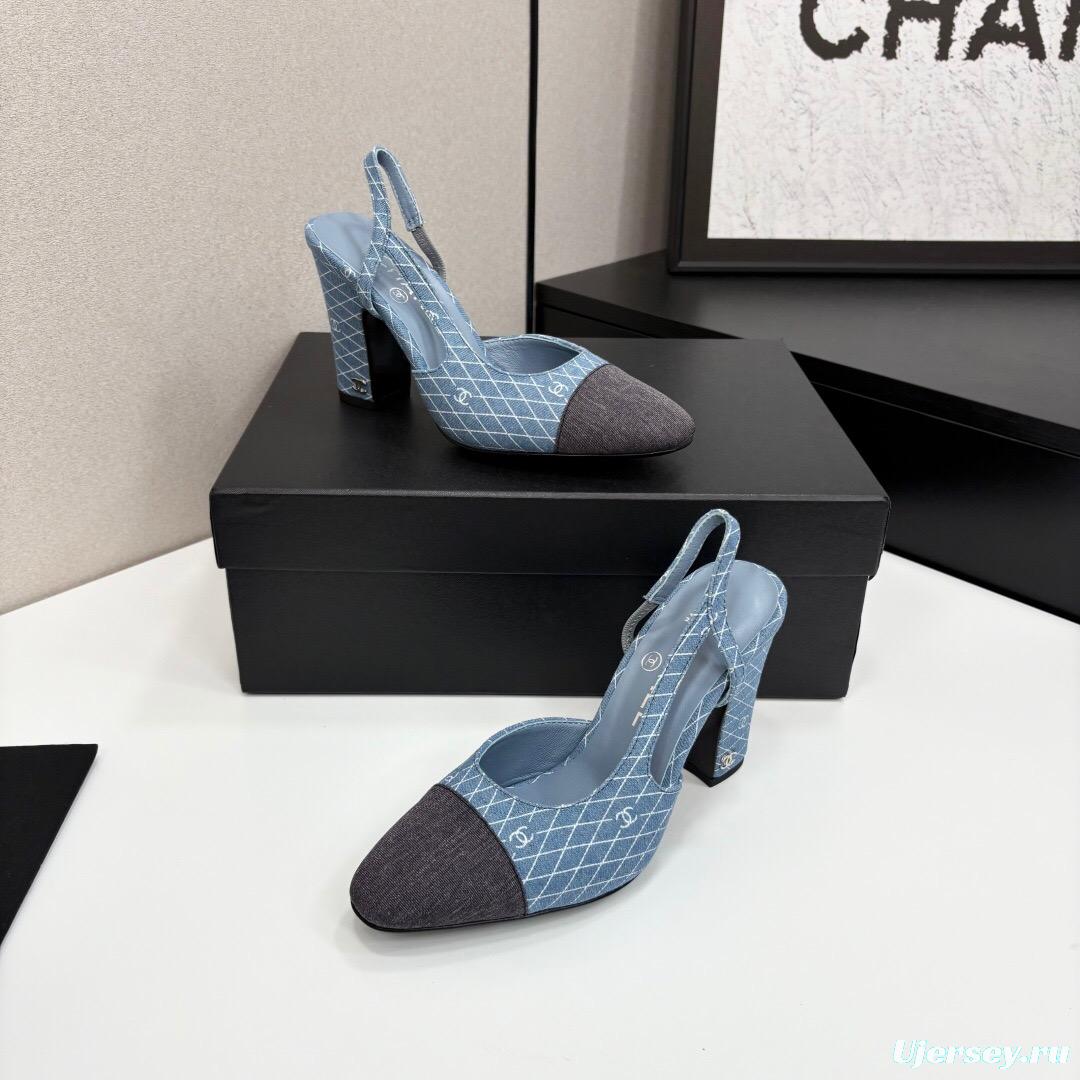 2025 Women Chanel Blue Black Denim Leather Slingback LY00270