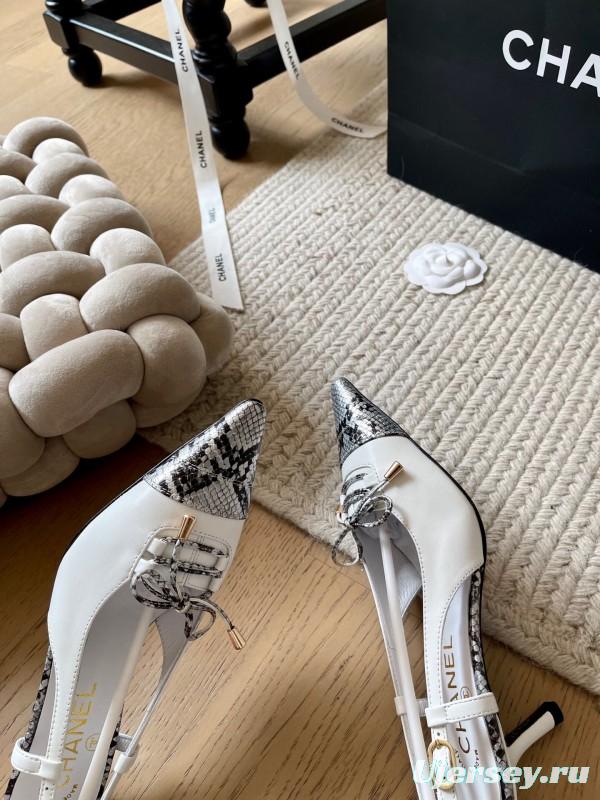 2025 Women Chanel White Black Python Leather Slingback Heels