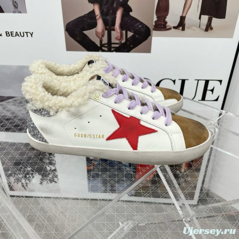 2025 Women GGDB White Red Brown Leather Shearling Sneakers