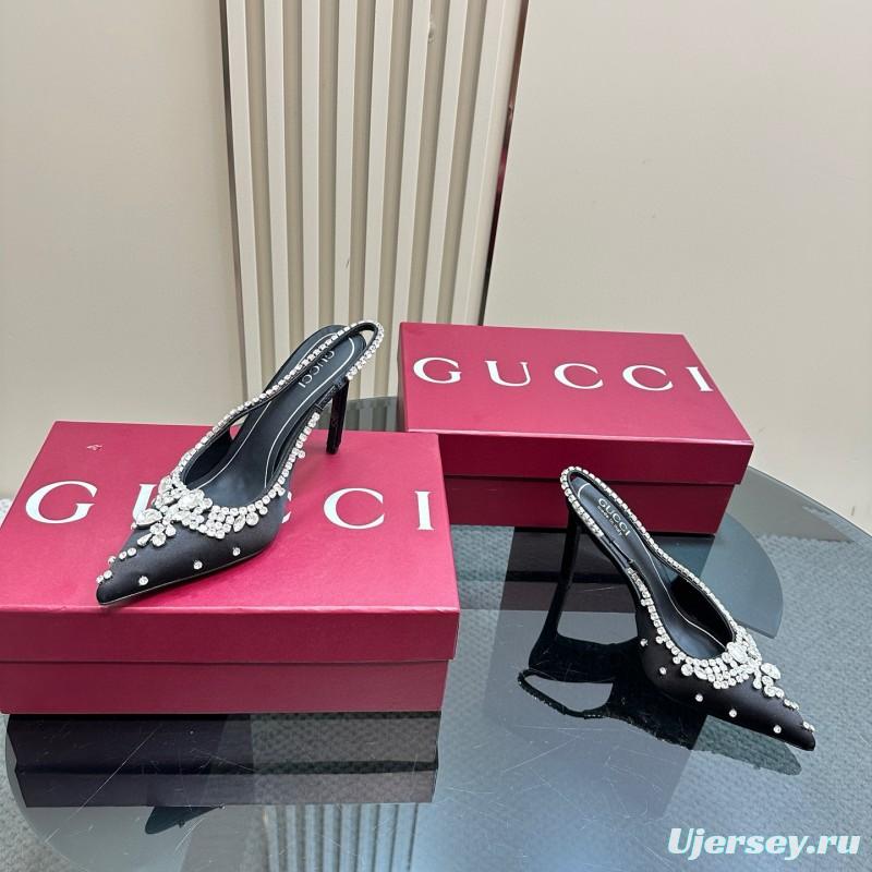 2025 Women Gucci Black Satin Slingback Heels Rhinestone MJ00340
