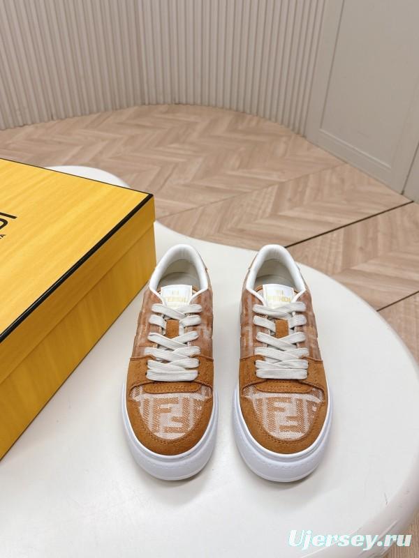 2025 Women Fendi Brown Leather Fabric Sneakers LY00340