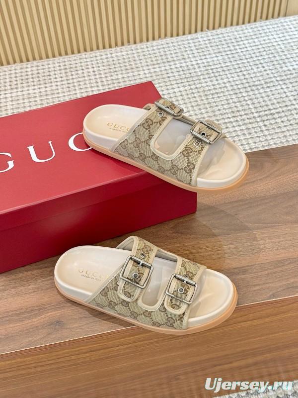 2025 Women Gucci Beige Canvas Leather Slippers LY00360