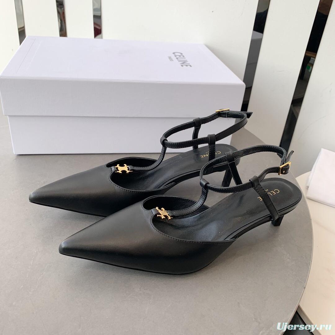 2025 Women Celine Black Calfskin Leather T-Strap TRIOMPHE Pumps