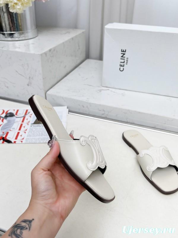 2025 Women Celine White Leather Slippers