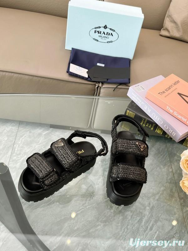 2025 Women Prada Black Woven Leather Platform Sandals LY00300