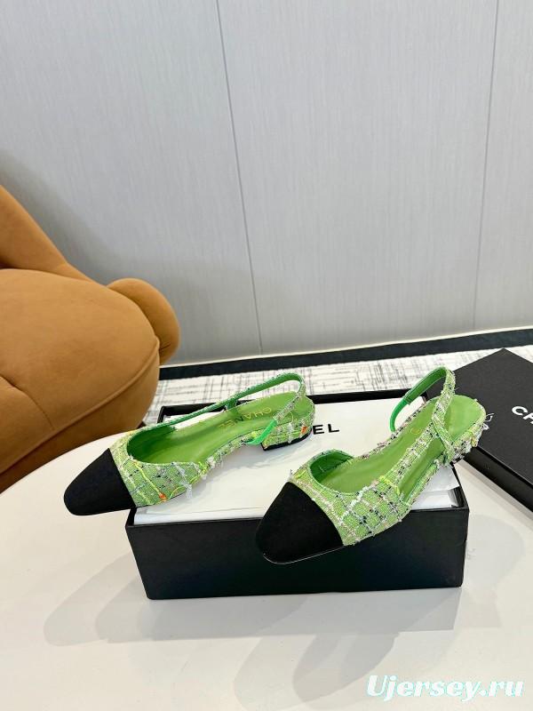 2025 Women Chanel Green Black Tweed Leather Slingback Flats LY00240