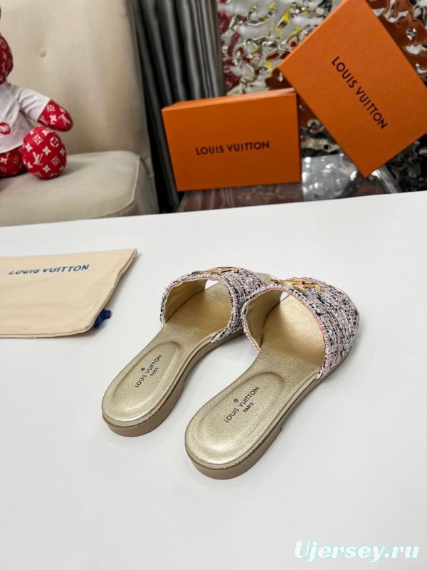 2025 Women Louis Vuitton Pink White Gold Fabric Leather Slippers