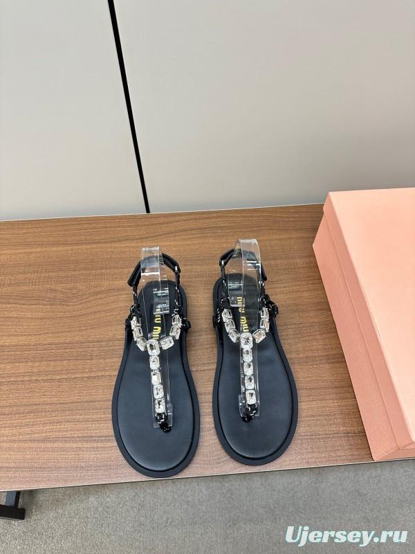 2025 Women Miu Miu Black Leather Rhinestone Sandals LY