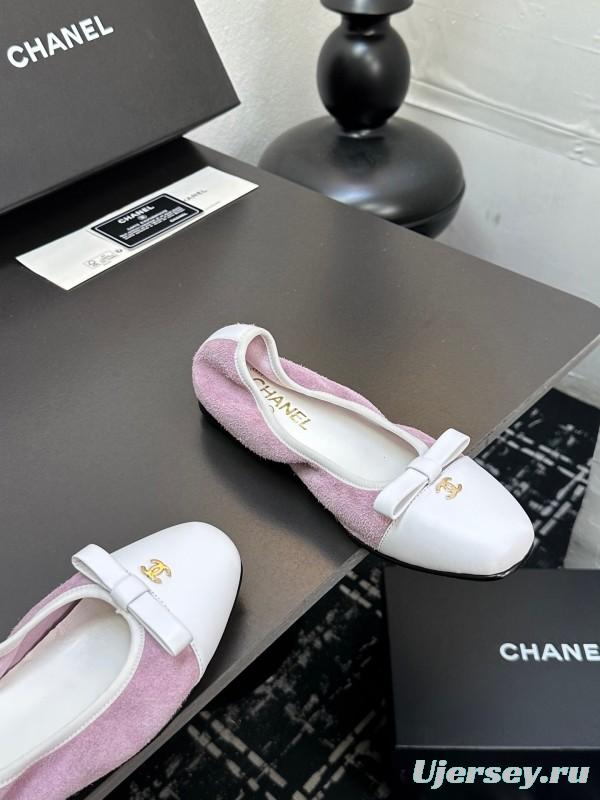 2025 Women CHANEL White Purple Leather Bow Ballet Flats Unisex LY00360(F)