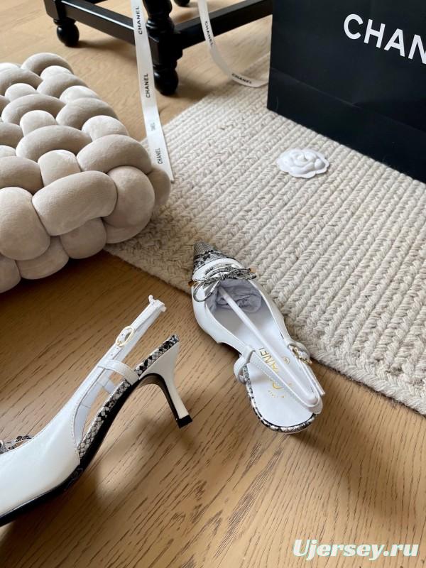 2025 Women Chanel White Black Python Leather Slingback Heels