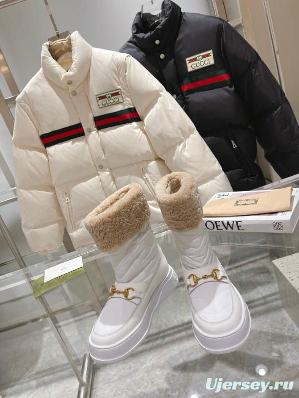 2024 Women Gucci White Sheepskin Snow Boots Gold Hardware