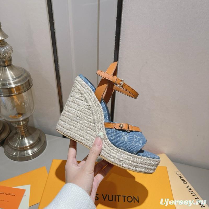 2025 Women Louis Vuitton Blue Denim Leather Espadrilles Sandals MJ00280