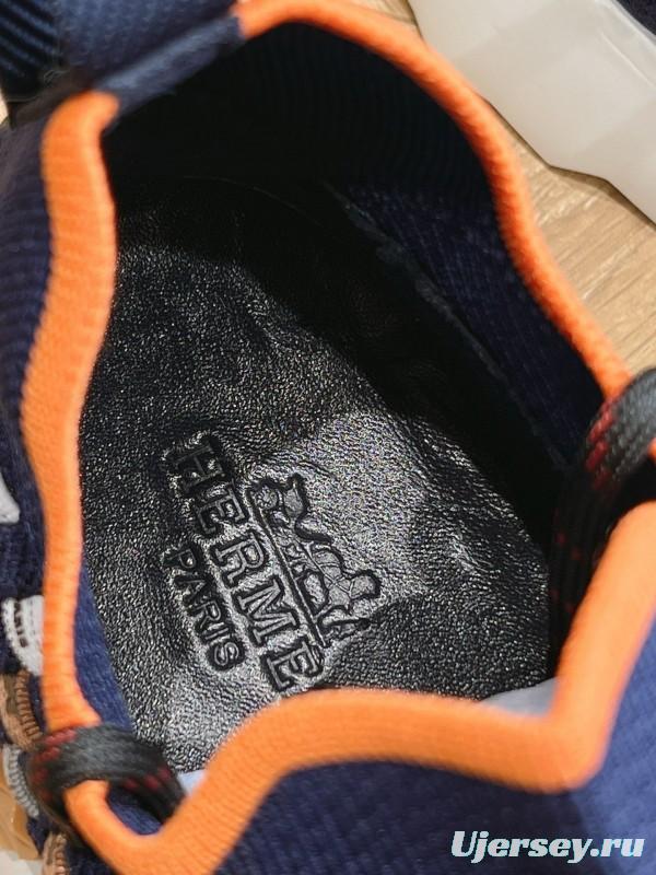 2024 Unisex Hermès Navy Orange Knit Leather Sneakers