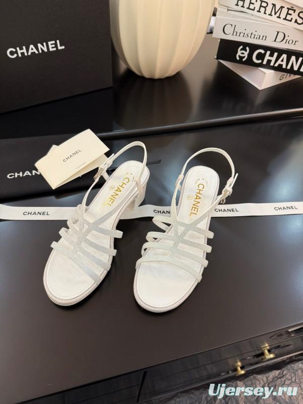 2025 Women Chanel White Leather Sandals