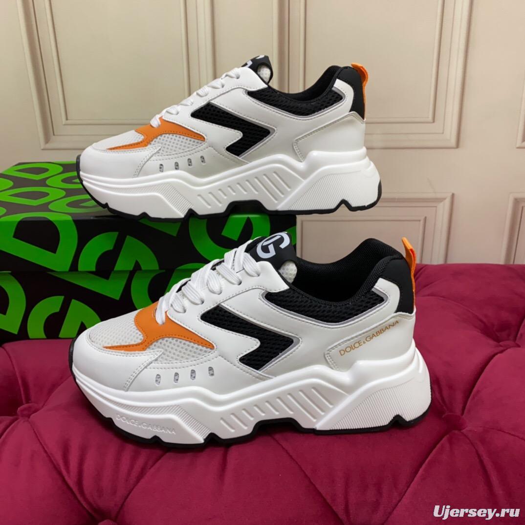 2025 Unisex Dolce & Gabbana White Black Orange Leather Lycra Sneakers LY00330(F)/LY00340(M)