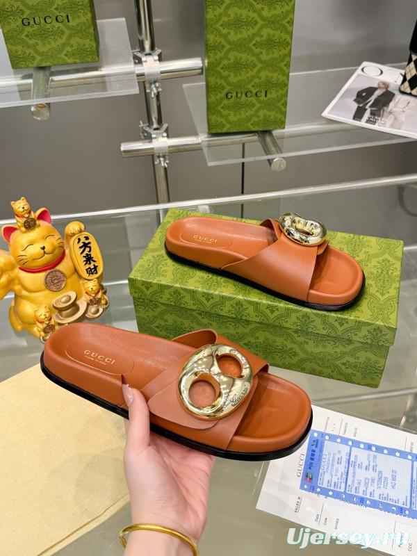 2025 Gucci Brown Leather Slippers