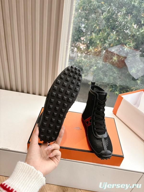 2025 Women Hermès Black Mesh Leather Boots