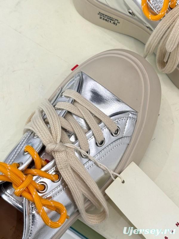 2025 Women Marni Silver Leather Thick Sole Retro Style Platform Sneakers LY00360(F)