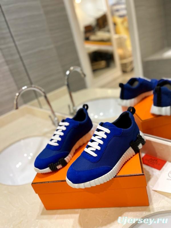 2024 Men Hermès Blue Nylon Suede Sneakers MJ00320
