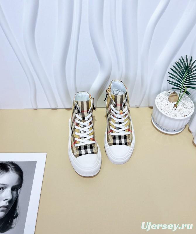 2024 Kids Burberry Beige Black White Canvas Leather High-top Sneakers