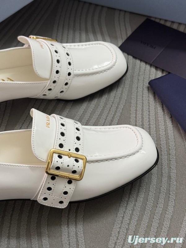 2025 Women Prada White Leather Loafers KFY00320
