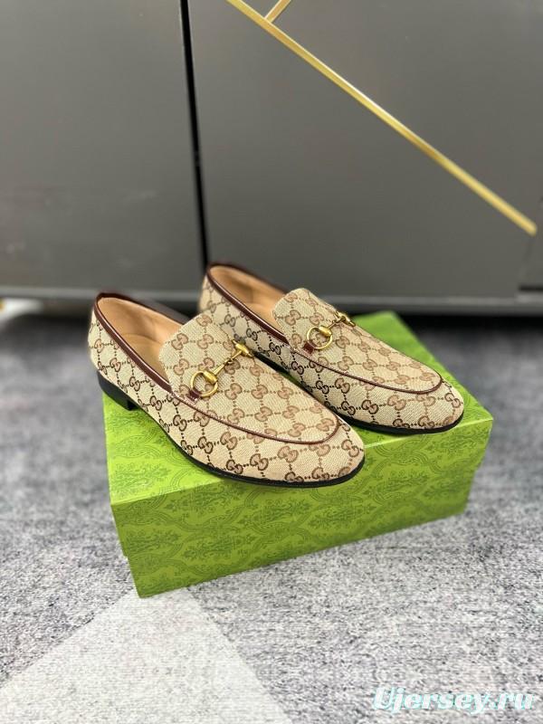 2024 Men Gucci Beige Brown Canvas Leather Loafer