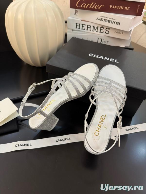 2025 Women Chanel White Synthetic Leather Sandals