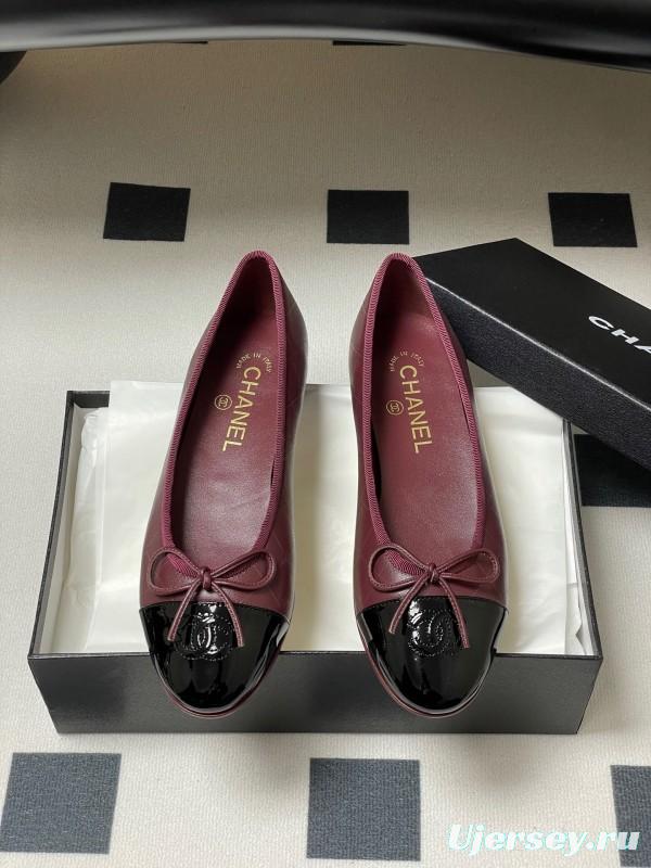 2025 Women Chanel Purple Black Leather Ballet Flats KFY00320