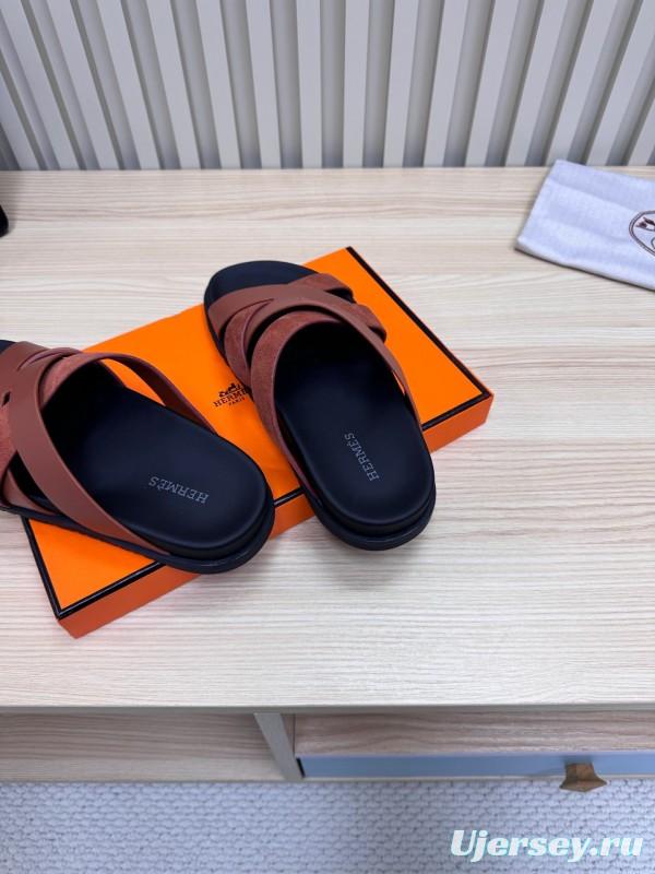 2025 Men HERMÈS Brown Leather Sandals