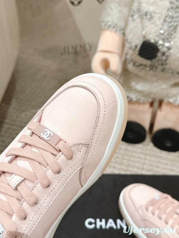 2025 Women Chanel Pink Leather Sneakers