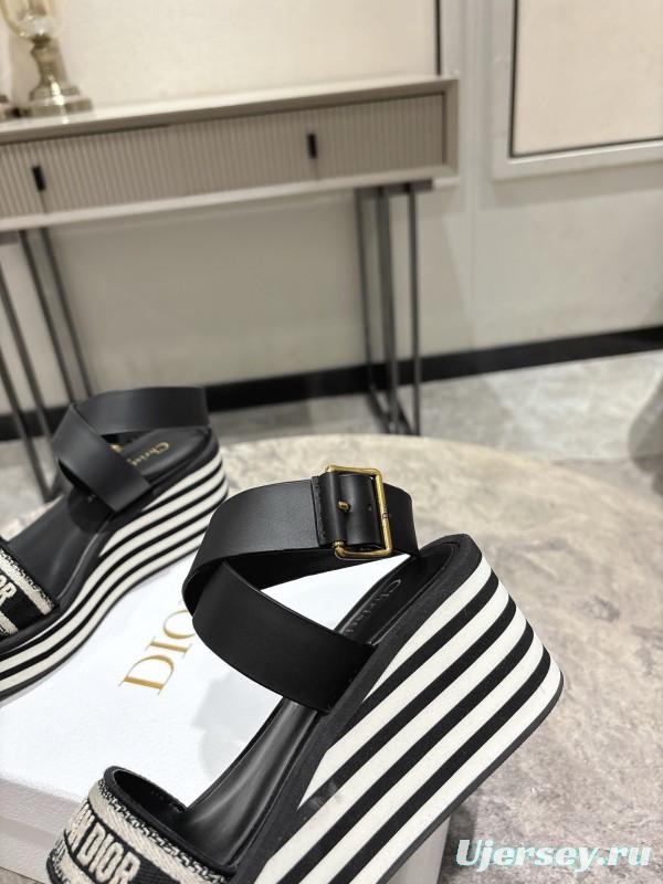 2025 Women Dior Black Leather Sandals Christian Dior Logo KFY00280