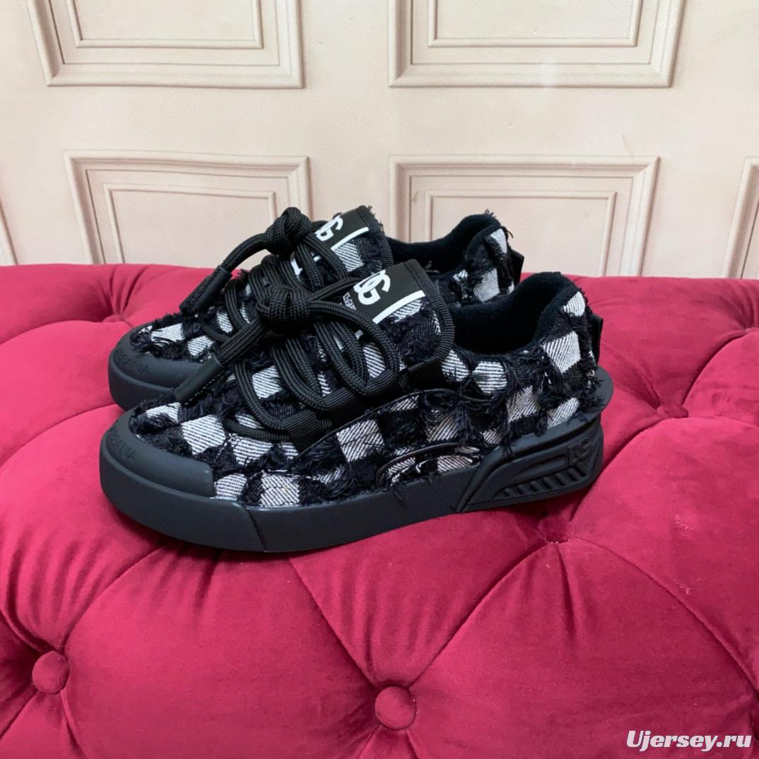 2024 Unisex Dolce & Gabbana Black White Wool Leather Sneakers MJ00340