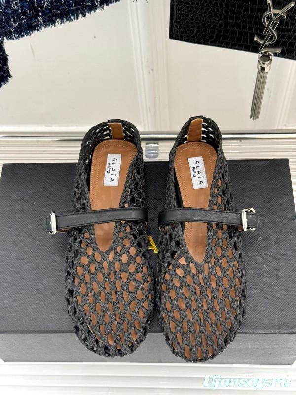 2025 Women AlAIA Black Leather Woven Mary Jane