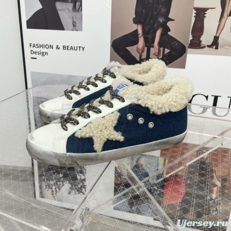 2025 Women GGDB White Navy Blue Leather Shearling Sneakers