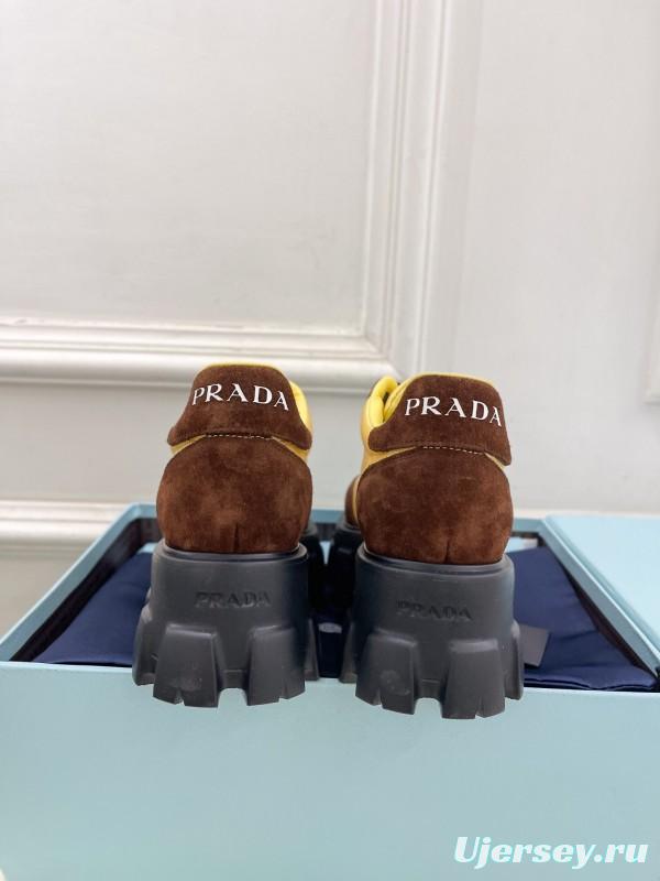2025 Unisex Prada Yellow Brown Suede Silk Sneakers KFY00310(F)/KFY00330(M)