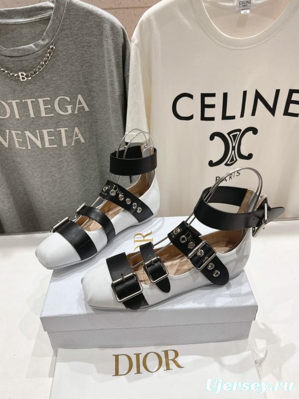 2025 Women Dior White Black Leather Mary Jane Buckle Ballerina KFY00320