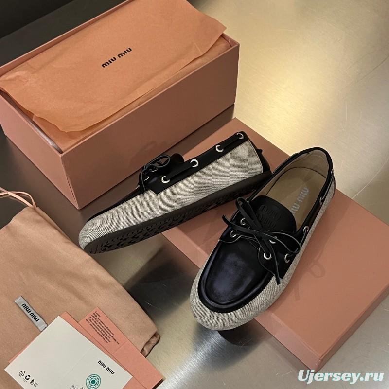 2025 Women Miu Miu Black Beige Leather Fabric Loafers